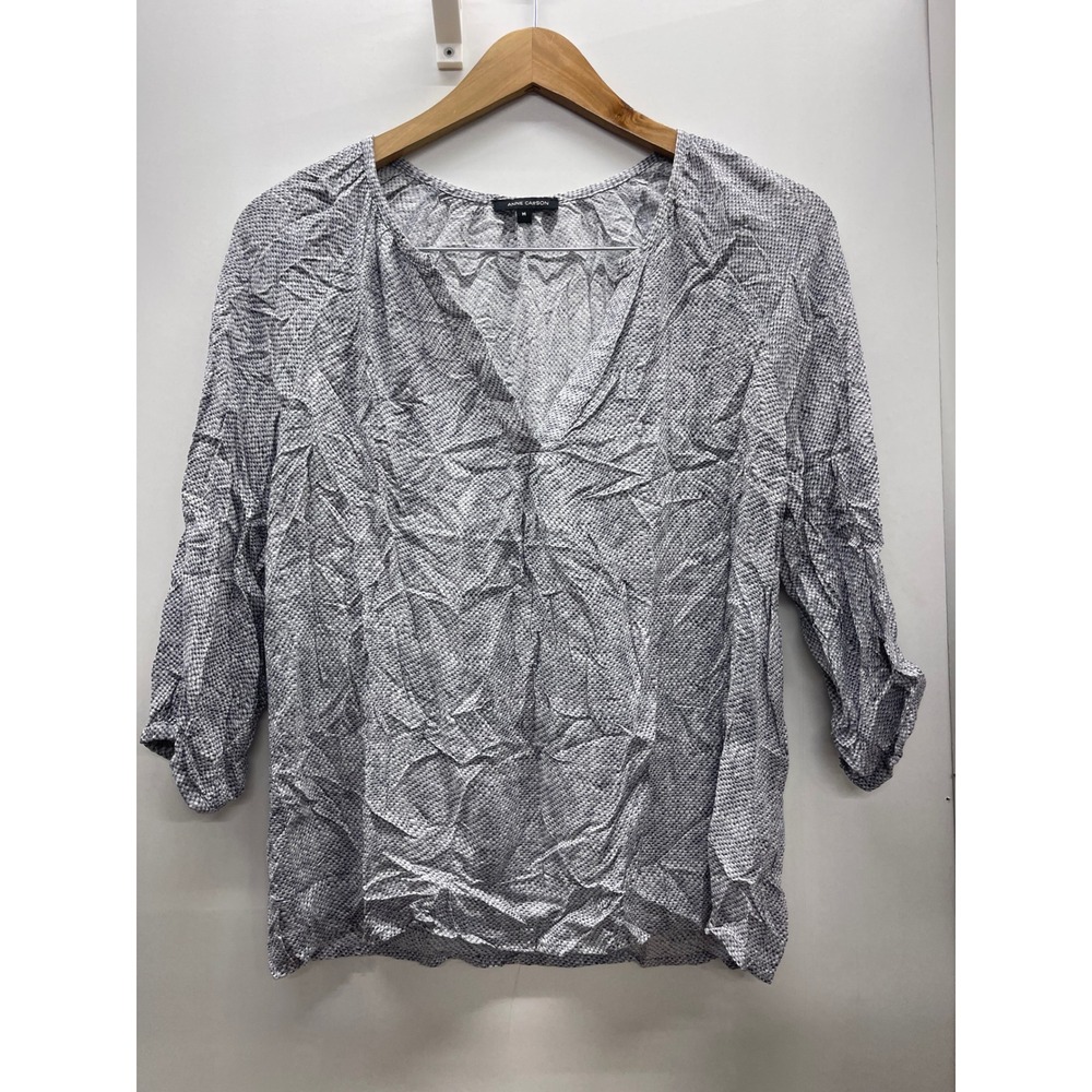 Anne Carson Womens Grey White Micro Print V-Neck 3/4 Sleeve Blouse Size M